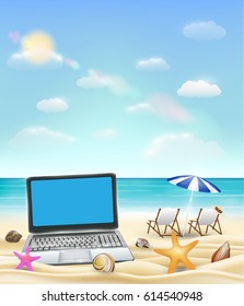 computer laptop on a sand beach with beach chair and bright sea background