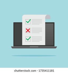 Computer-Laptop mit Online-Quiz Form Checkliste auf screen.Auswahl, Umfragekonzepte.Überprüfen Sie das Listendokument und den Laptop isoliert. Online Testergebnisse auf dem Prüfungsformular. Vektor