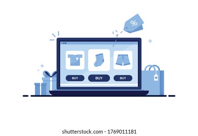 Computer Laptop With An Online Store Site. Catalog Of Clothes. Shop With Clothes. Purchases Through Internet.  Sale Of Orders From Home. E-commerce Marketing. T-shirt, Socks And Shorts. Blue. Eps 10