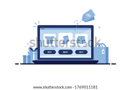 Computer laptop with an online store site. Catalog of clothes. Shop with clothes. Purchases through internet.  Sale of orders from home. E-commerce marketing. T-shirt, socks and shorts. Blue. Eps 10
