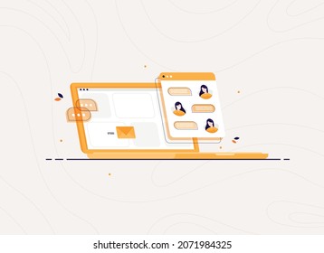 Computer laptop with open chat. Online correspondence via internet. Social media marketing. Flat design