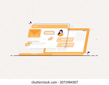 Computer laptop with open pages in social network. Online correspondence. Internet chat. Letter sent by email. Flat design