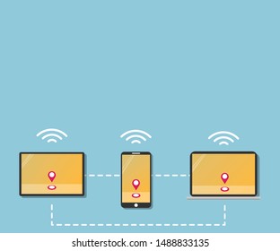 computer, laptop, pad and smartphone connect and share location with space 