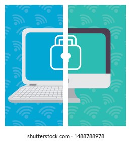 computer laptop padlock wifi technology internet security vector illustration