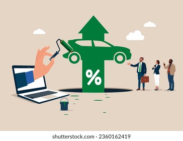 Computer laptop paint a growth electric car. Electric vehicle earning and profit increase in new economy stock market. Vector illustration.