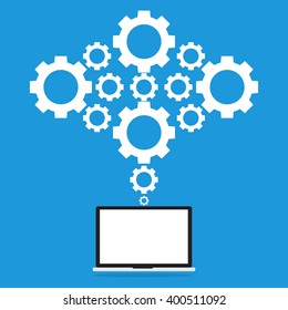 Computer laptop pc connected to gears cloud. Vector illustration cloud computing concept design.