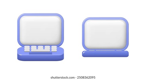 Computer laptop PC with keyboard 3d icons isolated on white. Vector digital technologies illustration, notebooks for communication with white screens. Network devices with displays