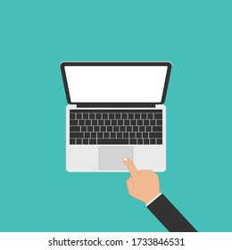 computer laptop pc man hand flat vector illustration