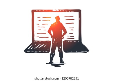 Computer, laptop, person, work, technology concept. Hand drawn person and modern laptop concept sketch. Isolated vector illustration.