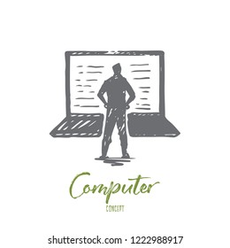 Computer, laptop, person, work, technology concept. Hand drawn person and modern laptop concept sketch. Isolated vector illustration.