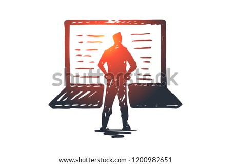 Computer, laptop, person, work, technology concept. Hand drawn person and modern laptop concept sketch. Isolated vector illustration.