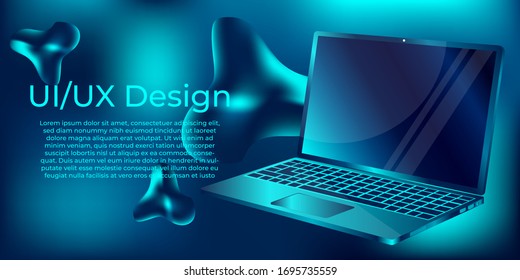 Computer laptop perspective view mockup with abstract liquid. Computer laptop blank screen vector illustration. Template for infographics or presentation UI design interface