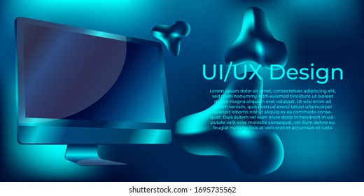 Computer laptop perspective view mockup with abstract liquid. Computer blank screen vector illustration. Template for infographics or presentation UI design interface