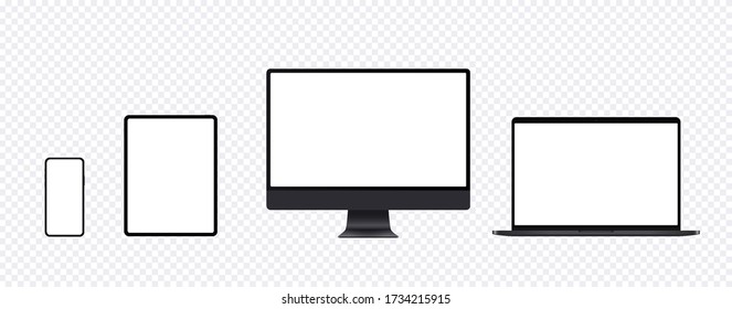 Computer, laptop, phone and pad mockup. Black devices with blank screen in row isolated on transparent background. Realistic device set for web site or app design presentation.