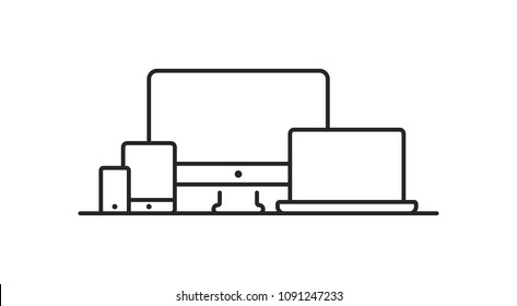 Computer, laptop, phone and tablet line art icon. Vector