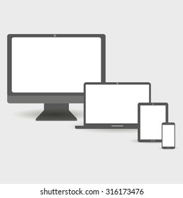 Computer, laptop, phone and tablet on table. device set