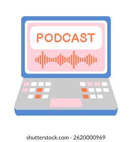Computer laptop with podcast audio wave on screen. Cartoon flat Icon Illustration