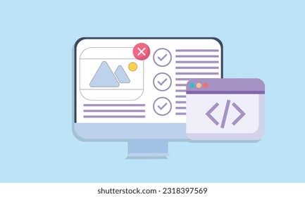 Computer laptop and program code development. Web coding concept. Website programming. Realistic elements. Cartoon creative design icon.