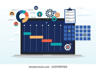 Computer laptop with project management software, project management, planning for software development, resources and budget planning, project schedule diagram, gantt chart for work deadline (Vector)