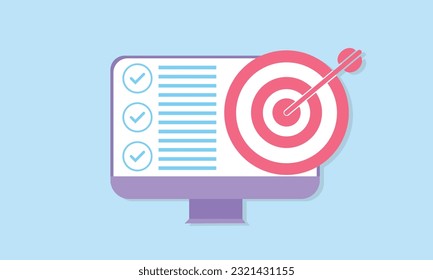 Computer laptop with project task management and hitting the target. Marketing time concept. Business success.vector on blue background