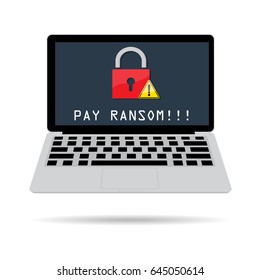 Computer laptop with red key lock with exclamation mark and malware ransomware attack massage pay ransom. Vector illustration cybercrime and cyber security concept.