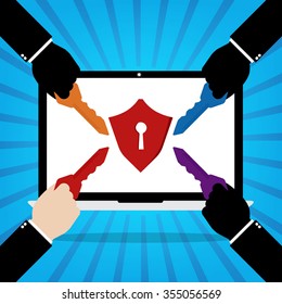 Computer laptop with red protection key lock and human hands with multiple keys for unlock the protection on blue sun ray background. Flat design of cyber security technology concept design. 