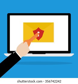 Computer laptop with red shield email and keyhole with human hands with key for unlock the protection on blue background. Flat design of cyber crime technology concept design. 