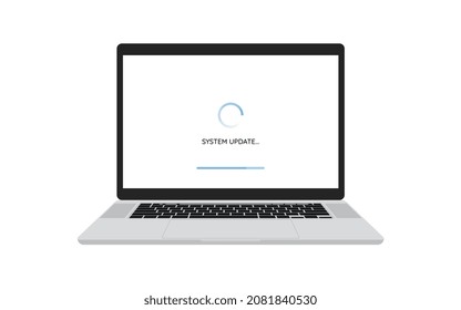 Computer laptop repair or Installing software system development concept. Data system update or synchronize with bar process with loading process in laptop screen isolated on white background.