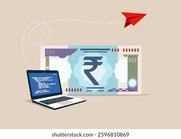 Computer laptop with of rupee indian symbol money. Online business making money, investment return, salary or multi income stream, side hustle or side gig earning. Flat vector illustration