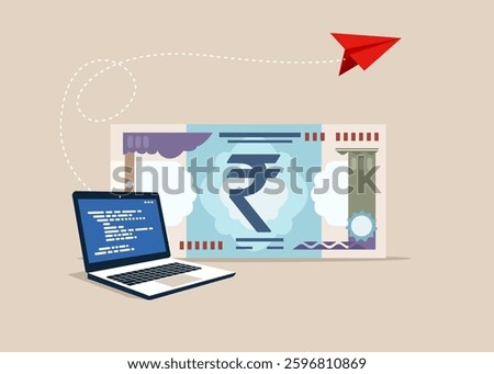 Computer laptop with of rupee indian symbol money. Online business making money, investment return, salary or multi income stream, side hustle or side gig earning. Flat vector illustration