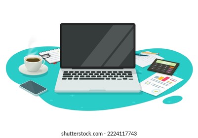 Computer laptop screen blank empty space vector 3d on table desk workplace office or pc display on abstract work desktop creative graphic illustration, research analysis workspace for education study 