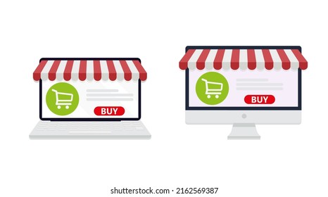 Computer and laptop screen buy. Online shopping concept. Eps 10