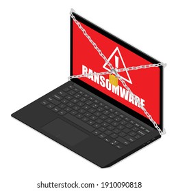 Computer laptop screen message warning of a detected ransomware program. Laptop information locked with chain and padlock. Isometric view. Isolated on white background. Vector