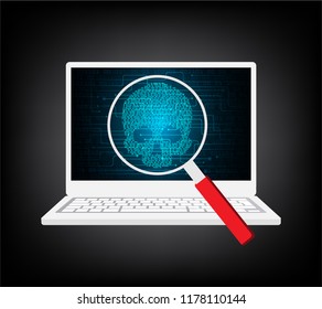 computer laptop security protect shield vector, Magnifying glass, skull