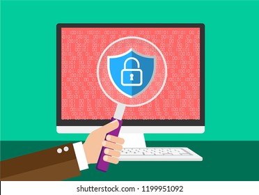 computer laptop security protect shield vector, hand, Magnifying glass