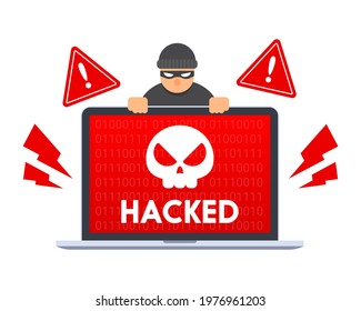 Computer laptop with skull icon and hacked message on screen. Creative security concept of hacking or system error by malware or virus. Emergency alert. Flat style cartoon vector graphic illustration.