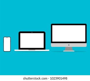 Computer, laptop, smartphone in a flat style. Imac Pro. Macbook. Iphone X. Technology collection
