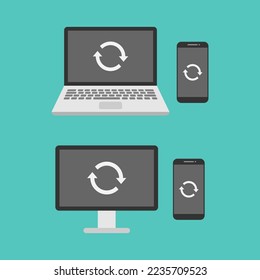 Computer, laptop, smartphone and sync or restart icon vector design