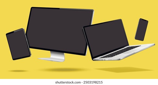 Computer, laptop, smartphone and tablet while levitating in the air on a yellow background