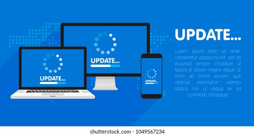 Computer, Laptop And Smartphone With Update Process Screen. Install New Software, Operating System Support. Vector Illustration.