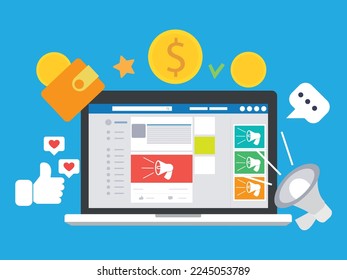 Computer laptop with social media advertising website. social ads digital marketing concept. Vector illustration