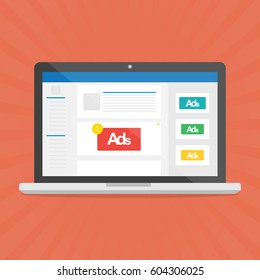 Computer Laptop With Social Media Advertising Website.Vector Illustration Social Ads Digital Marketing Concept.