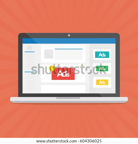 Computer laptop with social media advertising website.Vector illustration social ads digital marketing concept.