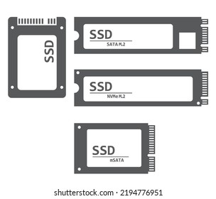 Computer or laptop SSD drive sata M.2, NVMe M.2, mSATA. Vector illustration on isolated background.