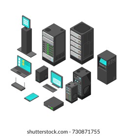 Computer And Laptop With System Hardware Networking. Isometric Technology And Banking Vector Icons.