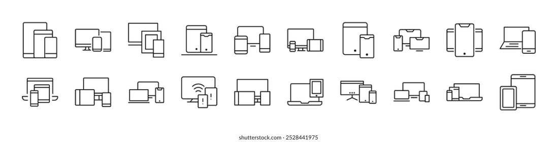 Ordenador, ordenador portátil, paquete de iconos de línea de la tableta. Trazo Editable. Pictograma lineal minimalista para el diseño de tarjetas, App, Anuncios, publicaciones  