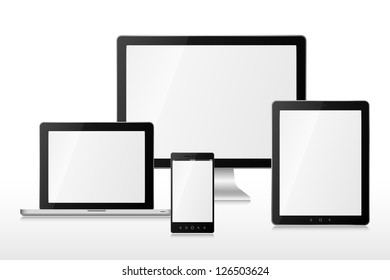 Computer, laptop, tablet and mobile phone. EPS 10 vector illustration. Used transparency layers of reflection effect