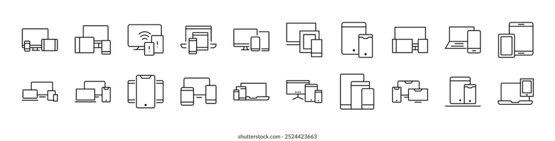 Computador, Laptop, Coleção de Ícones da Linha da Web do Contorno do Tablet. Traço editável. Pictograma Linear Minimalista para Design de Cartões, Aplicativos, Banners, Posts
