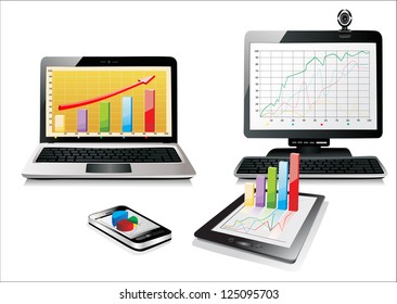 Computer, Laptop Tablet and Phone with business graph . Set of Computer Devices