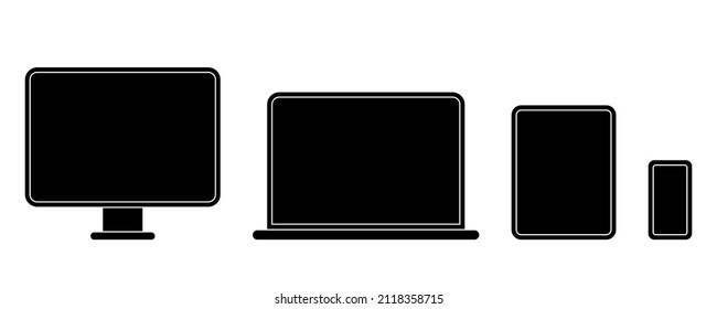 Computer, laptop, tablet and phone icon. Device icon set. Computer icon in glyph. Laptop symbol in black. Tablet in solid. Smartphone illustration. Computer and laptop collection. Stock vector